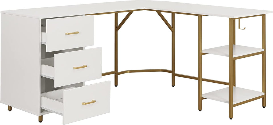 Techni Mobili L Shaped Desk - Two-Toned Computer Desk with Drawers & Storage Shelves - Simple Modern Furniture & Home Office Space Corner Table for Work & Writing