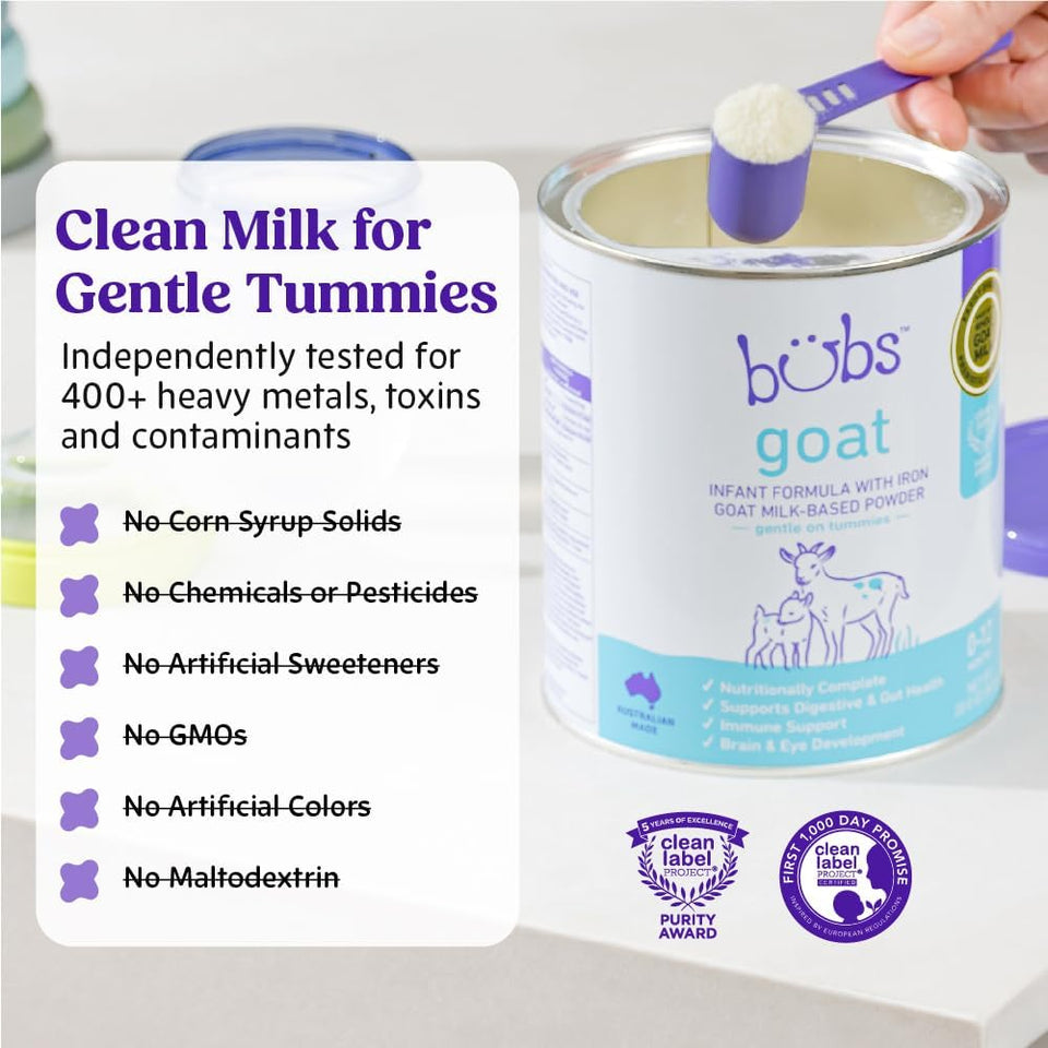 Bubs Whole Goat Milk Formula with Iron, Goat Milk-Based Powder, for Infants 0-12 Months, Made with Non-GMO Goat Milk, 20 oz