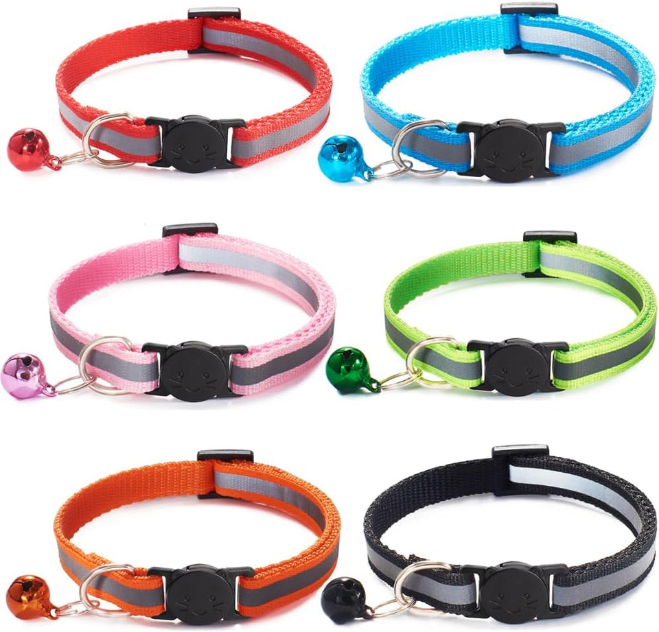 Nylon 6 Pack Reflective Cat Collar with Bell and Breakaway Buckle Adjustable 19-32cm Mixed Colors