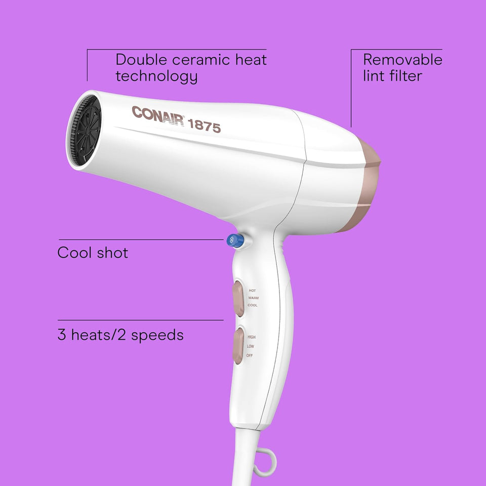 Conair Double Ceramic Hair Dryer with Diffuser | Blow Dryer with Ionic Conditioning | Includes Diffuser and Concentrator | Amazon Exclusive, White