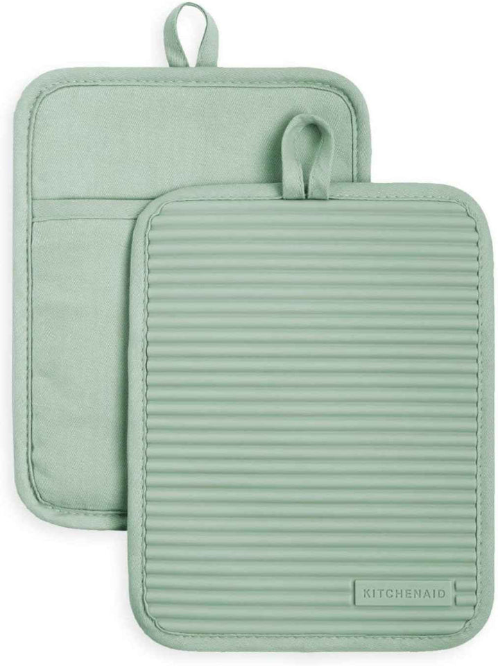 KITCHENAID Ribbed Soft Silicone Pot Holder 2-Pack Set, Matte Black, 7"x9"
