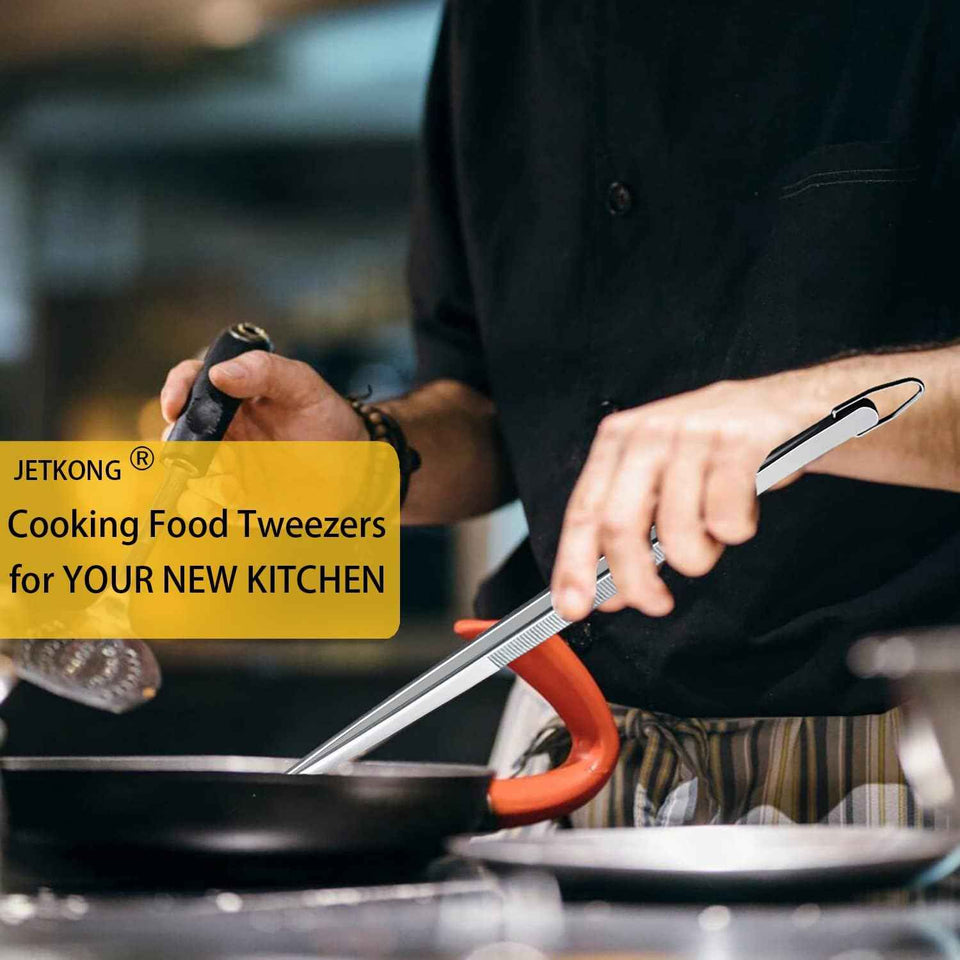JETKONG 2 Pcs 12-Inch Kitchen Tweezers Fine Tweezer Tongs, Extra-Long Stainless Steel Cooking Tweezers (Silver)