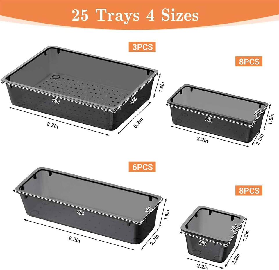 25 PCS Plastic Drawer Organizer Set, 4-Size Versatile Organizer Trays & storage Bins for Makeup, Jewelry, and Gadgets in Bathroom, Bedroom and Office,Clear Black