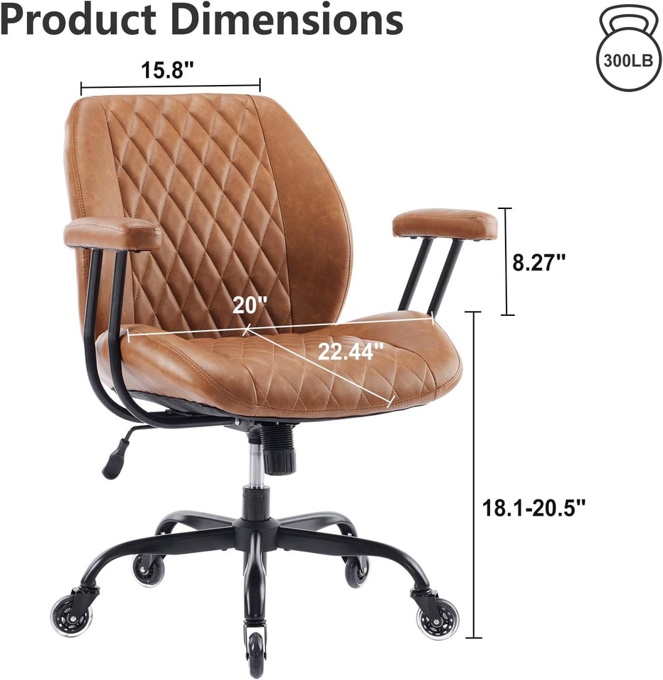 YFO Home Office Desk Chair Office Rubber Casters Ergonomic Computer Chair with Lumbar Support Adjustable Height Rolling Swivel Executive Task Armrests Chair， Brown Leather
