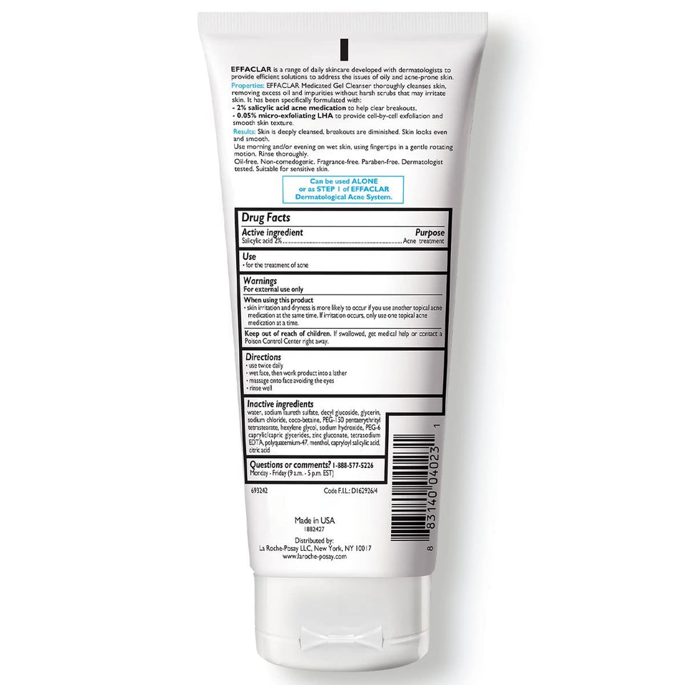 La Roche-Posay Effaclar Medicated Gel Cleanser, 2% Salicylic Acid Cleanser + LHA + Glycerin, Foaming Acne Face Wash, Helps Clear & Prevent Acne Breakouts, Oil Free, Targets Excess Oil