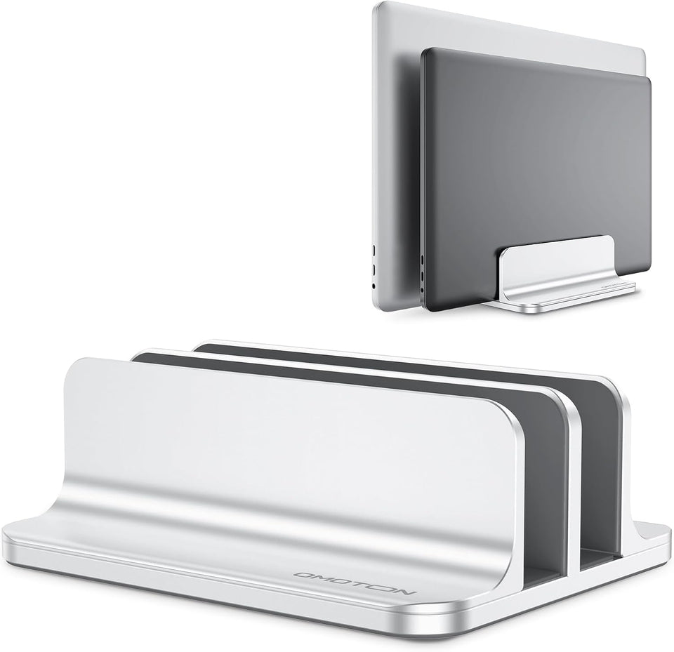 OMOTON [Updated Dock Version] Vertical Laptop Stand, Double Desktop Stand Holder with Adjustable Dock (Up to 17.3 inch), Fits All MacBok/Surface/Samsung/HP/Dell/Chrome Book (Silver)