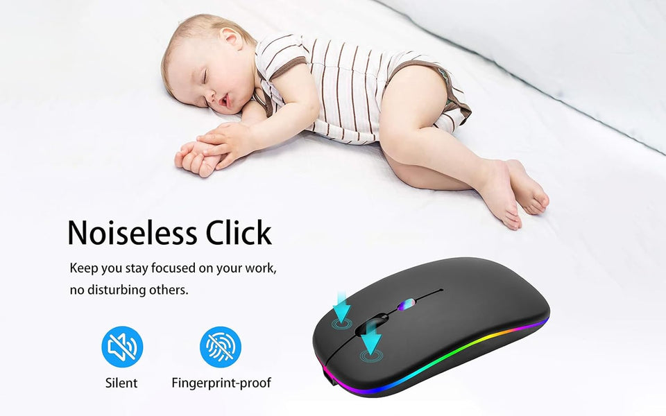 Wireless Bluetooth Mouse Rechargeable Laptop Mice with LED Use Portable(BT5.2 and USB 2.4G) Dual Mode Connection Silent Slim Computer Mouse for Laptop/iPad Tablet/Apple MacBook/PC (Black)