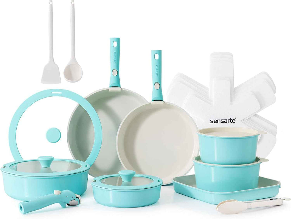 SENSARTE 24 Piece Pots and Pans Set, Nonstick Detachable Handle Cookware, Induction Kitchen Cookware Set with Removable Handle, Healthy Non Stick for RV, Dishwasher ＆ Oven Safe (White)