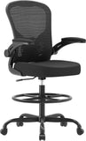 Ergonomic Drafting Chair, Tall Office Chair with Flip-up Armrests, Breathable Mesh High Desk Chair with Lumbar Support Adjustable Footrest Ring for Standing Desk Black