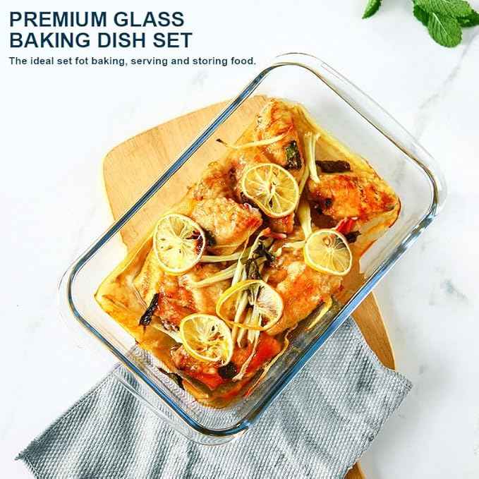 8-piece deep glass baking dish set with plastic lids and gray color