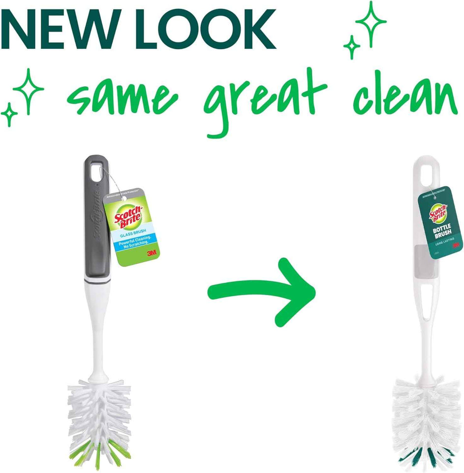 Scotch-Brite glass and water bottle brush, long-lasting, non-slip handle, durable, reusable, safe on glassware and more
