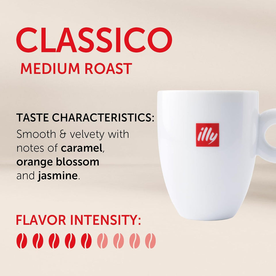 illy Classico whole bean coffee, 8.8 oz can, medium roast, 100% Arabica, no preservatives
