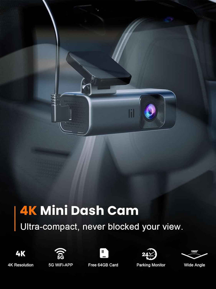 Galphi-Q2 4K dash cam with 5G WiFi, 64GB card, loop recording, and 24-hour parking monitor