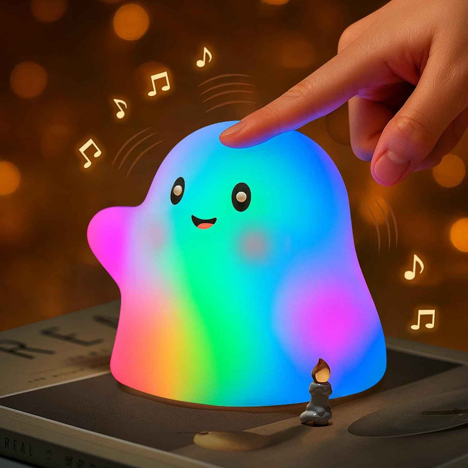 Nextang RGB Ghost Night Light - Soft Squishy Silicone Lamp with Tap Control and Sounds, Dimmable Rechargeable Bedside Lamp for Kids