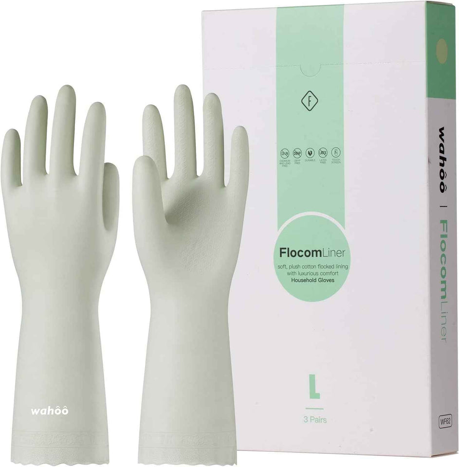 LANON 3 Pairs wahoo Skin-Friendly Cleaning Gloves, Dishwashing Kitchen Gloves with Cotton Flocked Liner, Reusable, Non-Slip, Mauve Mist, Large