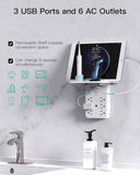 wall outlet extender with 6 ac outlets, shelf, 2 usb & usb c charging ports - compact plug expander
