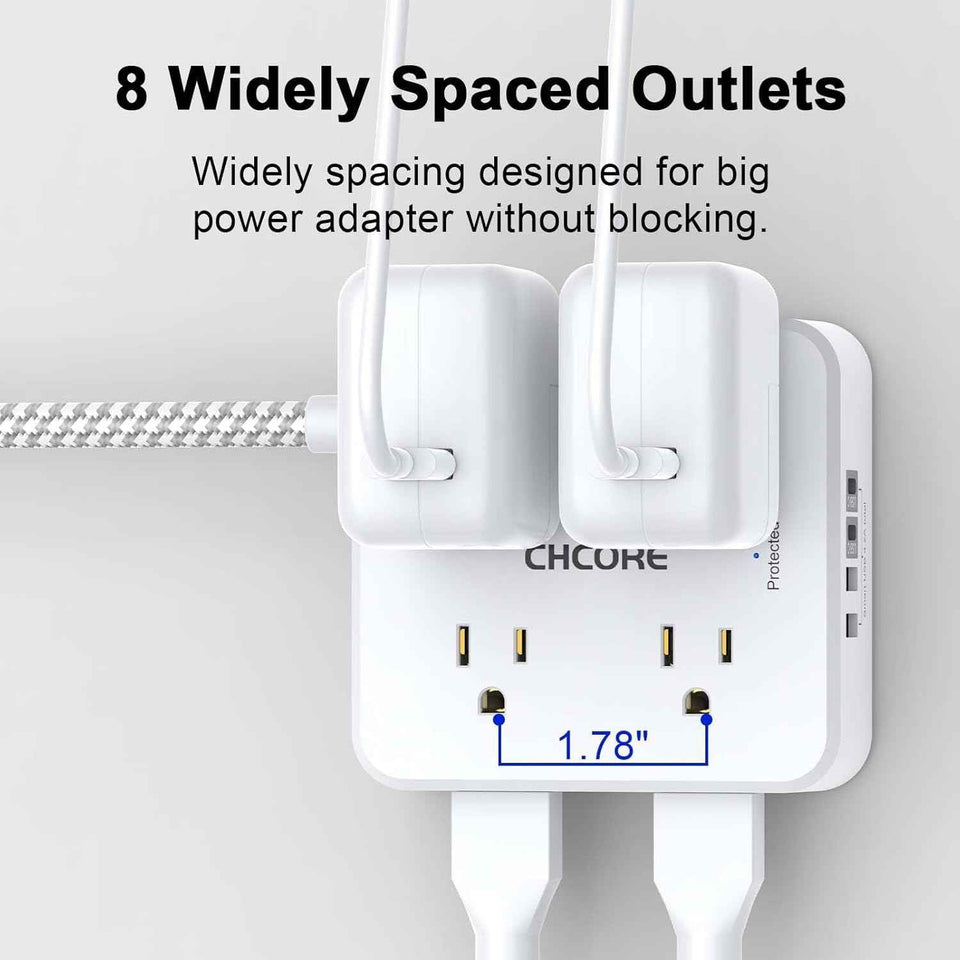 CHCORE 5Ft braided extension cord surge protector with 8 outlets and 4 usb charging ports, 2 usb c, flat plug, white