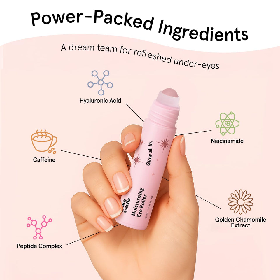 grace & stella Under Eye Brightener with Rose Quartz Rollerball - Centella Asiatica & Caffeine Under Eye Serum for Dark Circles & Puffiness - Travel Essentials, Gifts for Women, Vegan (15ml/0.51floz)