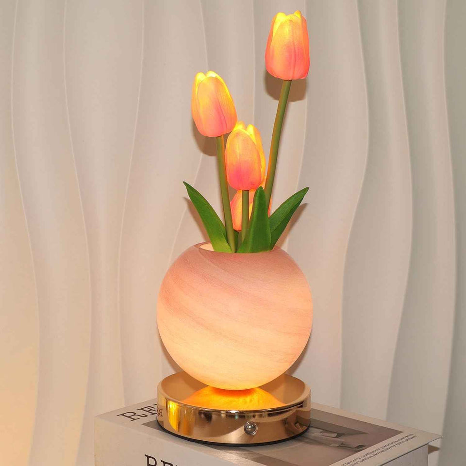 Rechargeable Cordless Touch Tulip Flower Table Lamp, 3-Color Infinitely Dimming Night Light with LED Artificial Tulips Decor (Pink)