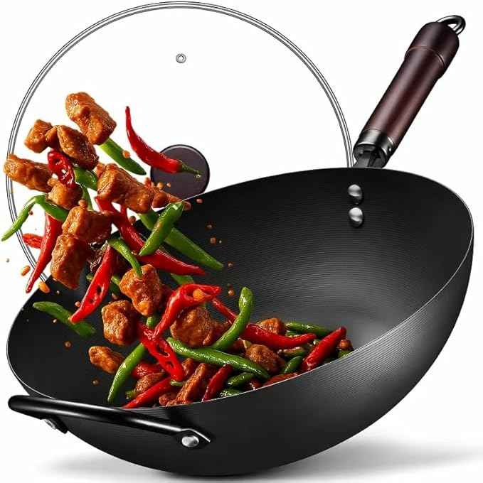 13 inch carbon steel wok nonstick stir-fry pan with lid pre-seasoned 5.8qt flat bottom