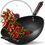 13 inch carbon steel wok nonstick stir-fry pan with lid pre-seasoned 5.8qt flat bottom