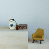Cute cat figurine playing phone on sofa with coffee, cat lovers gift for home decor