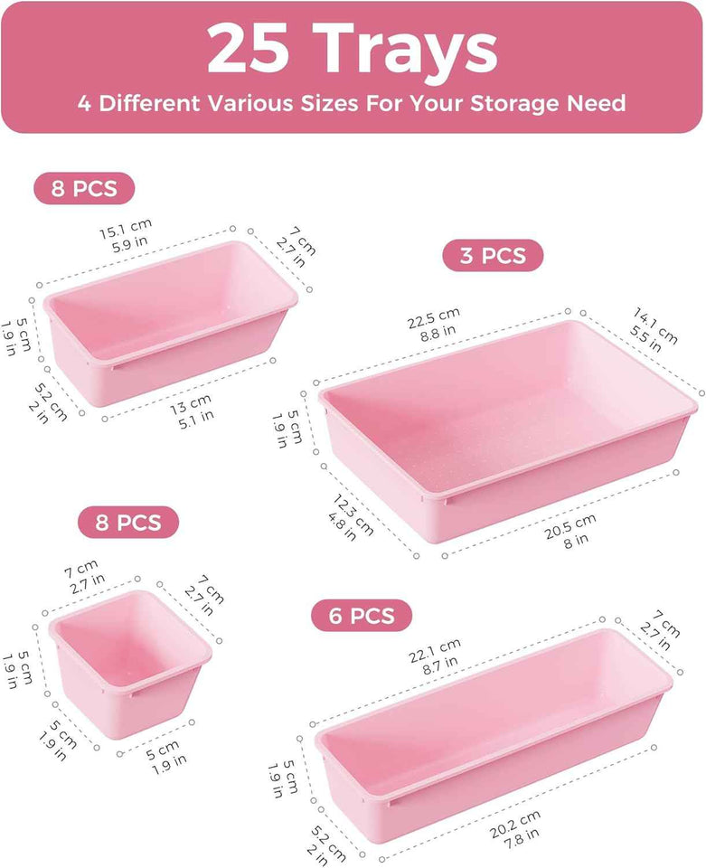 25 PCS Plastic Drawer Organizers Set, 4-Sizes Vanity and Makeup Organizer