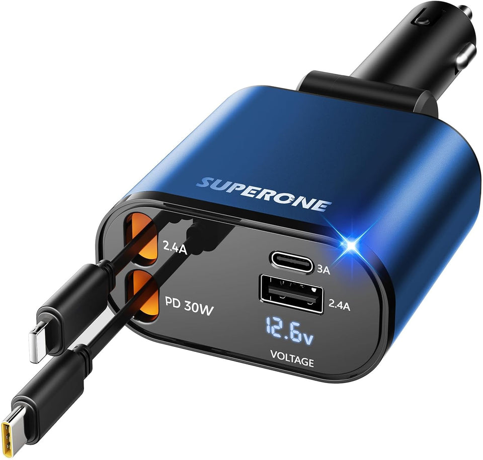 【Upgraded】 SUPERONE Retractable Car Charger 4 in 1, Fast Car Phone Charger with Cord 2.6ft, USB C and Apple Car Adapter, Compatible with iPhone 17 16 15/15 Pro Max/14/13/12/11, Galaxy, Pixel - Rayz Mart