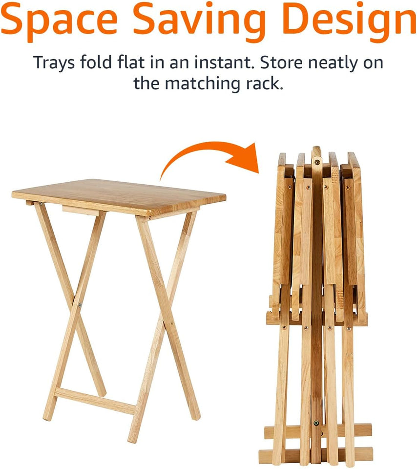 Foldable TV Dinner Tray Table with Storage Rack, 14.6 L x 19 W x 26 H inch, Natutral, 4-Pack
