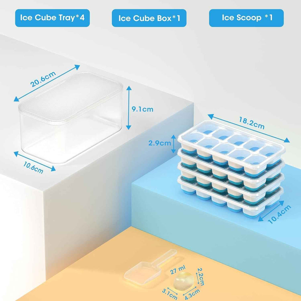 DOQAUS Silicone Ice Cube Trays with Lid & Bin, 4-Pack - Stackable Storage for RV, Soup, Food, Cocktail, Coffee