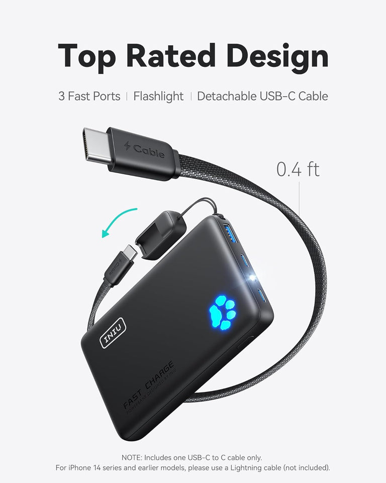INIU Portable Charger, Ultra Slim 45W Fast Charging with Attached USB C Cable, Flight-Safe 10000mAh PD Power Bank Battery Pack, Travel Essential Phone Powerbank for iPhone 17 16 Samsung S25 Google etc