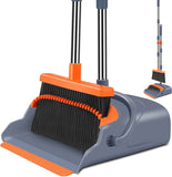kelamayi Upgrade Broom and Dustpan Set, Self-Cleaning with Dustpan Teeth, Ideal for Dog Cat Pets Home Use, Super Long Handle Upright Stand Up Broom and Dustpan Set (Brown)