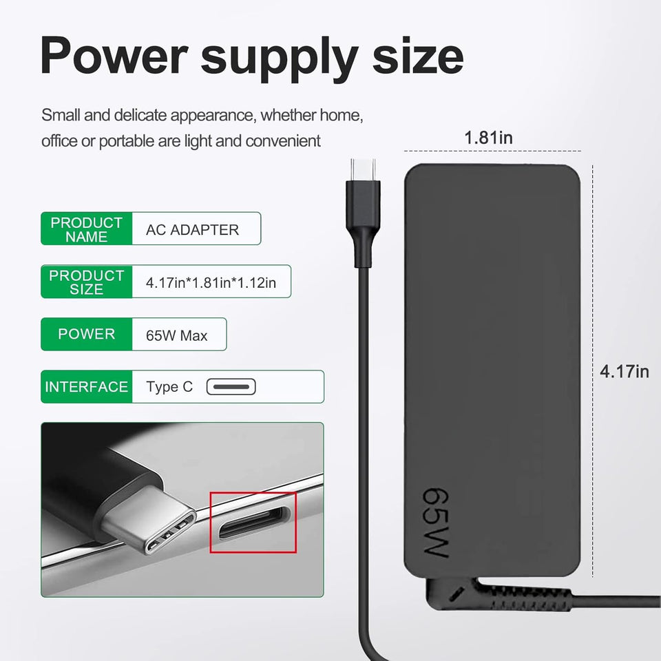 65W USB C Charger Compatible with Lenovo Thinkpad/Yoga/Chromebook Laptop Computer 65W 45W USB C Fast Power Adapter
