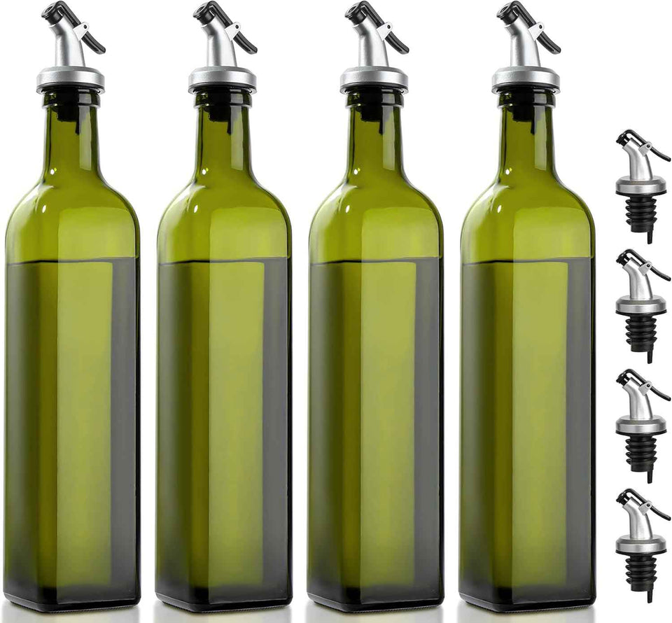 GMISUN Olive Oil Dispenser for Kitchen, 4 Pack 17 fl oz Glass Oil Dispensers Bottle, Cooking Soy Sauce Bottle Container Cruet with Plastic Pourer Spout, Funnel and Labels, Clear