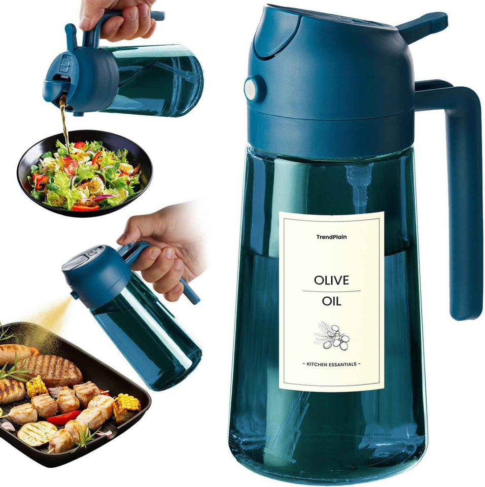 TrendPlain 16oz blue glass olive oil sprayer for cooking, air fryer, salad, and BBQ - 2 in 1 dispenser