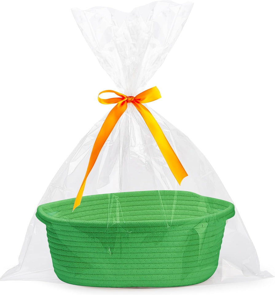 White small woven burr basket with gift bags and ribbons, 12" x 8" x 5", durable storage for gifts, baby toys, and living room essentials