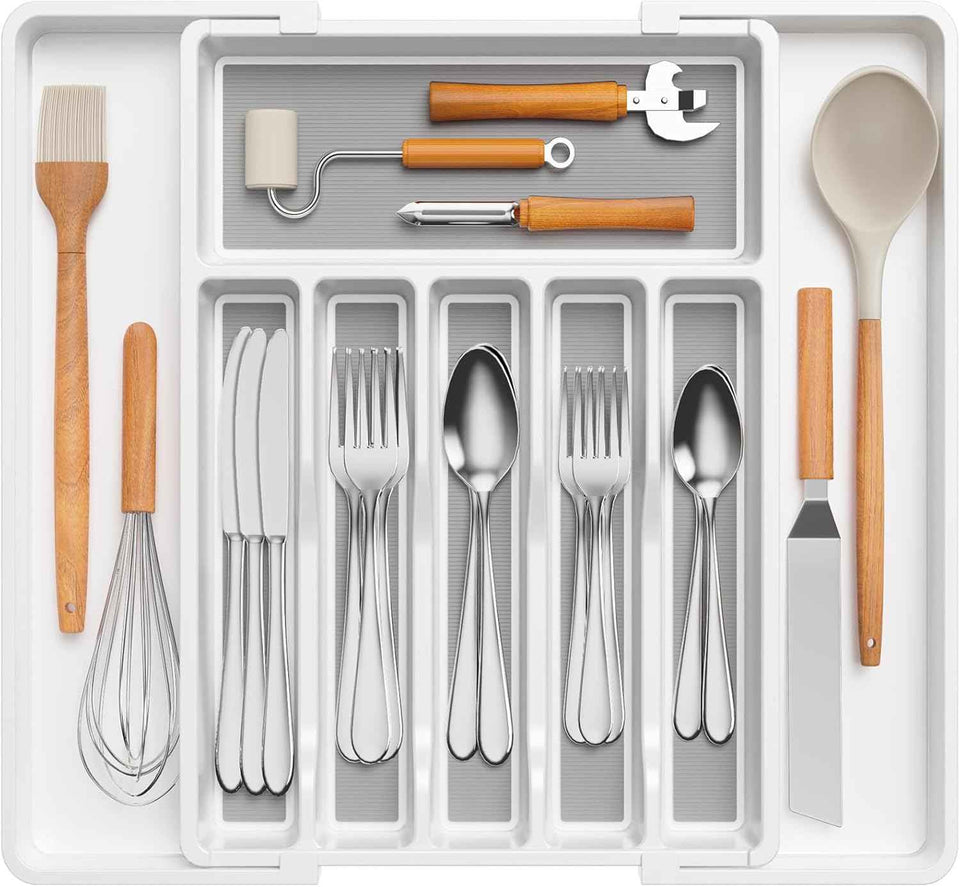 Lifewit Silverware Drawer Organizer, Expandable Utensil Tray for Kitchen, BPA Free Flatware and Cutlery Holder, Adjustable Plastic Storage for Spoons Forks Knives, 8.5-14 x 12", Black