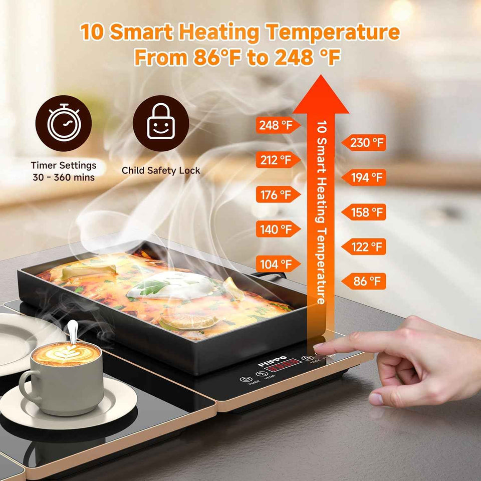 Fepppo Electric Warming Tray with 10 Temp Settings and Timer, 33"x15" Glass Surface
