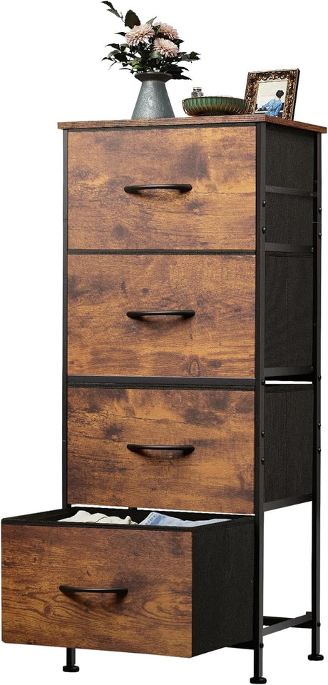WLIVE Dresser with 4 Drawers, Fabric Storage Tower, Organizer Unit for Bedroom, Hallway, Entryway, Closets, Sturdy Steel Frame, Wood Top, Easy Pull Handle, Rustic Brown Wood Grain Print