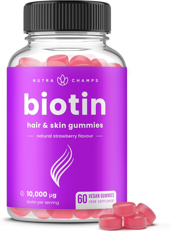 NutraChamps Biotin Gummies 10000mcg [High Potency] for Healthy Hair, Skin & Nails Vitamins for Women, Men & Kids - 5000mcg in Each Hair Vitamins Gummy - Vegan, Non-GMO, Hair Health Supplement