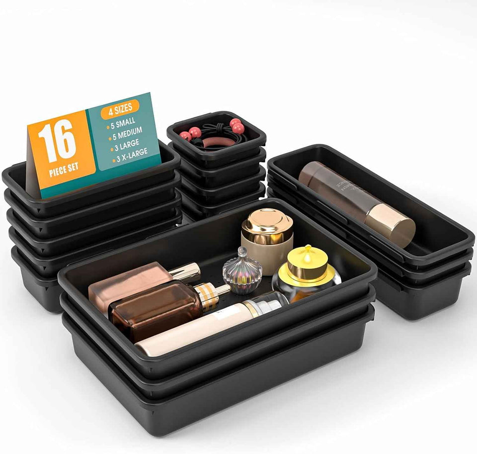 10 PCS Drawer Organizer Set, 4 Size Makeup Drawer Divider Organizer With Non-Slip Pads, Interlocking Plastic Storage Bins for Office,Jewelry Vanity,Gadgets, Bathroom,Kitchen, Black