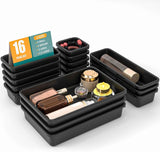 10 PCS Drawer Organizer Set, 4 Size Makeup Drawer Divider Organizer With Non-Slip Pads, Interlocking Plastic Storage Bins for Office,Jewelry Vanity,Gadgets, Bathroom,Kitchen, Black