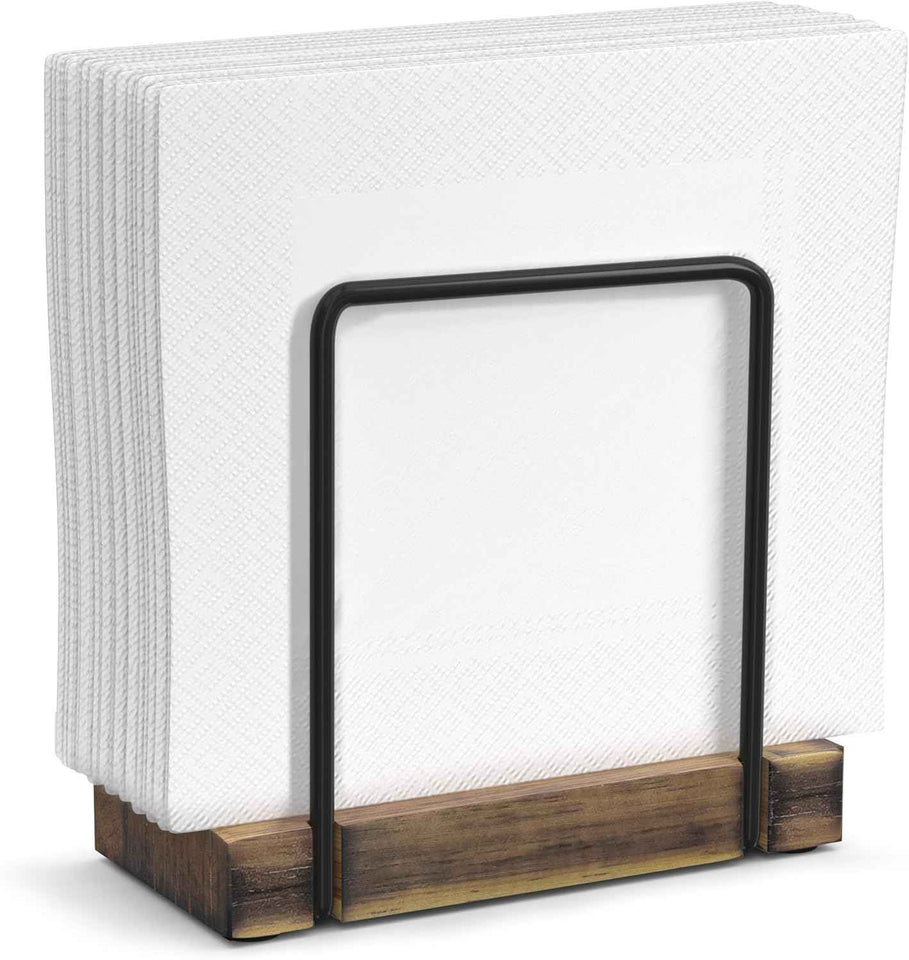 Wican Napkin Holder for Table, Bamboo Iron Standing Napkin Dispenser for Kitchen Dining Farmhouse Cocktail Picnic Bar Rustic Wood Holders for Paper Mail Bills Suitable for All Dining Room Decors Black