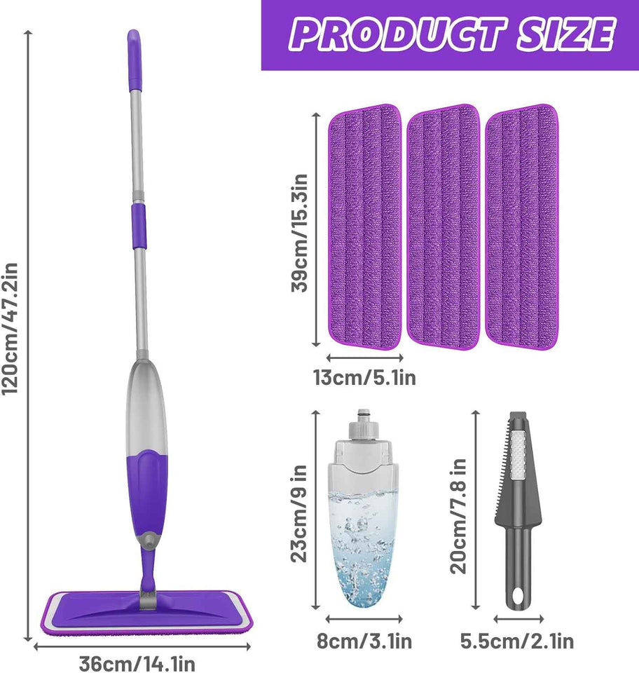 HOMTOYOU Lightweight Microfiber Spray Mop for Hardwood, Tile, and Vinyl Floors - Includes 3 Reusable Pads