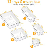 smartake 13-piece clear drawer organizers with non-slip silicone pads, 5-size desk bathroom organizer trays for makeup, jewelries, utensils storage in bedroom dresser, office and kitchen