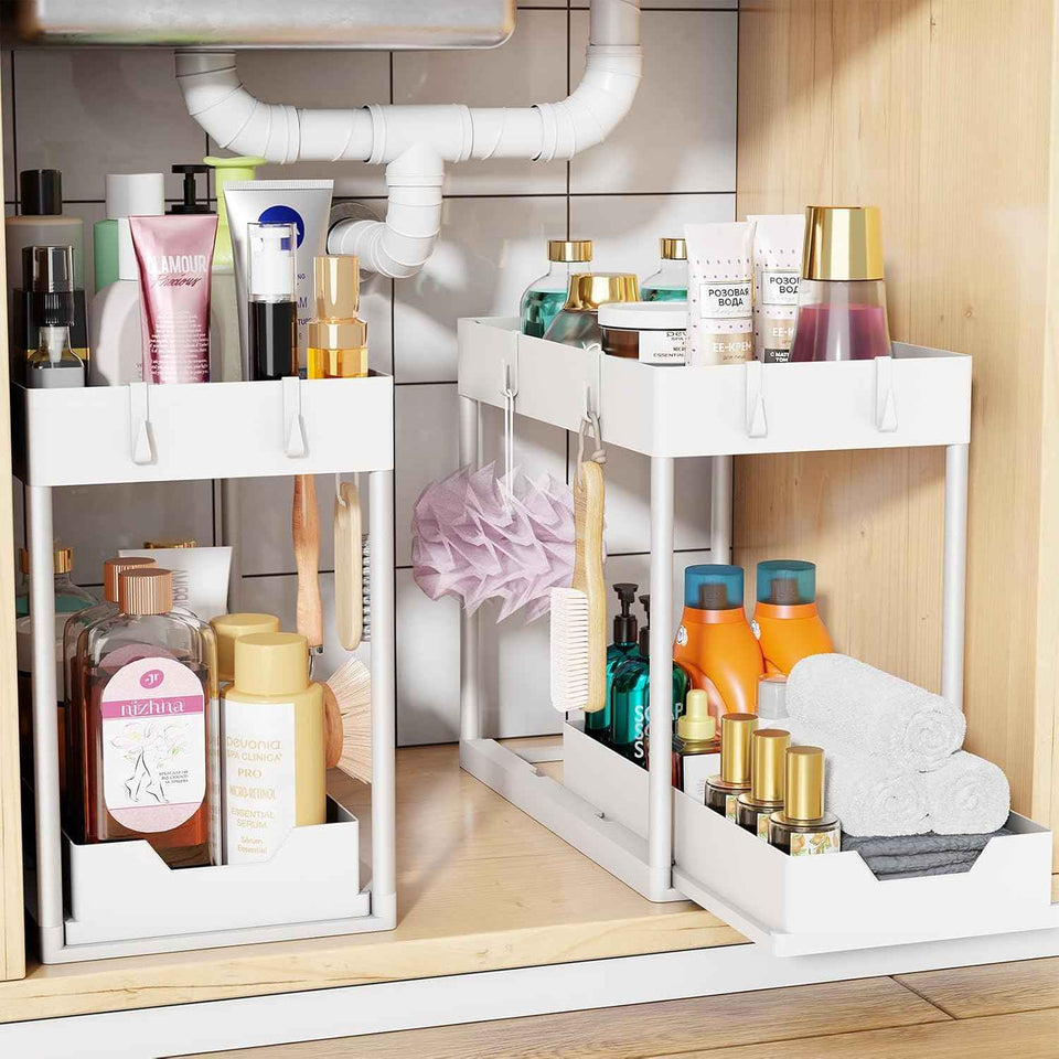 Simple Trending Under Sink Organizer 2 Pack, Sink Pull-Out Sliding Storage Cabinet, 2-Tier Under Shelf Organizer for Kitchen Bathroom, Black