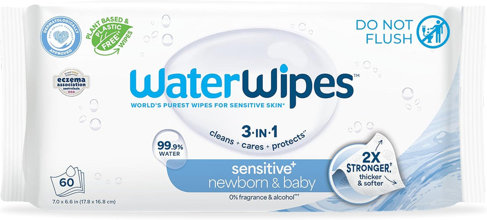 WaterWipes Sensitive+ Newborn & Baby Wipes, 3-in-1 cleans, cares, protects, 99.9% water, unscented & hypoallergenic, 60 count, 2x stronger, thicker & softer