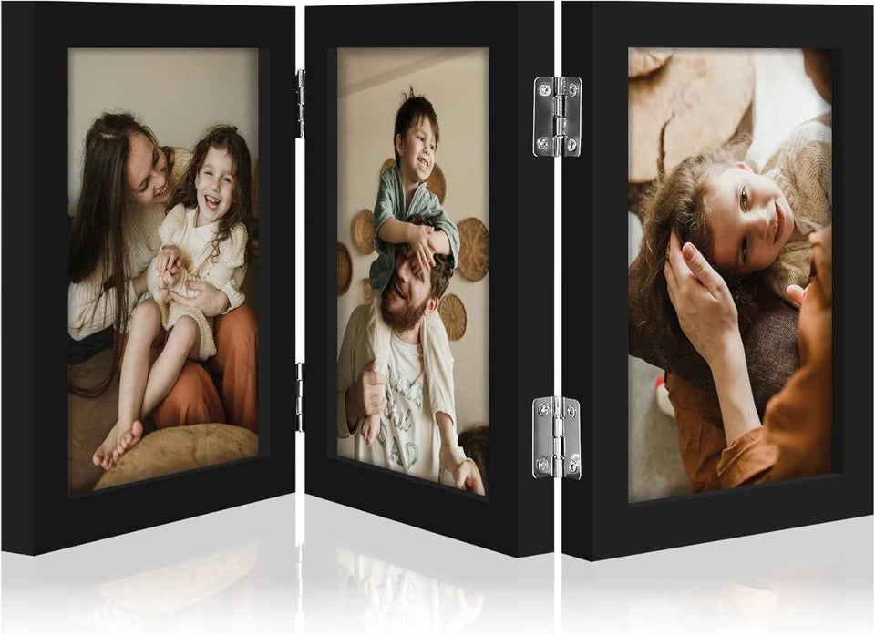 decorUhome Engineered Wood Trifold 4x6 Photo Frame with Plexiglass for Tabletop Display, Black, 3-Picture Frame