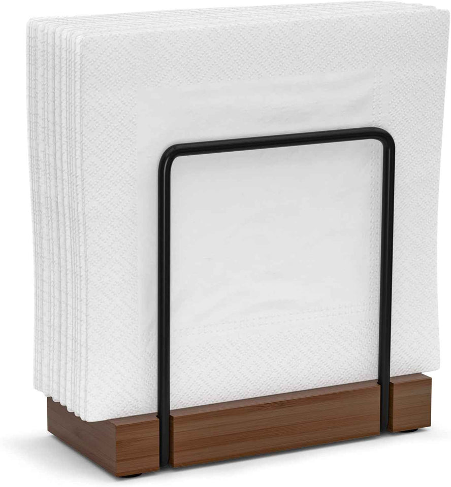 Wican Napkin Holder for Table, Bamboo Iron Standing Napkin Dispenser for Kitchen Dining Farmhouse Cocktail Picnic Bar Rustic Wood Holders for Paper Mail Bills Suitable for All Dining Room Decors Black