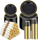 BESTVIP 700PCS Gold Plastic Dinnerware Set for 100 Guests, Disposable Plates for Party, Include: 200 Plastic Plates, 100 Pre Rolled Napkins with Gold Silverware, 100 Cups for Christmas, Halloween